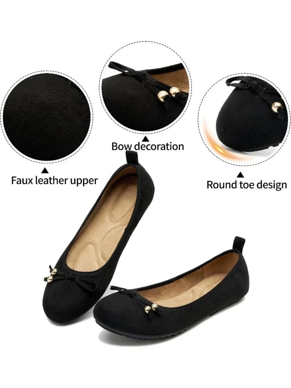 Women's Black Suede PU Leather Round Toe Flats Slip-On Cushioned Comfort Shoes